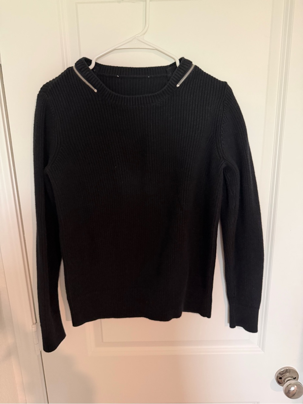 Michael Kors Black Ribbed Crewneck Sweater with Zip Trim